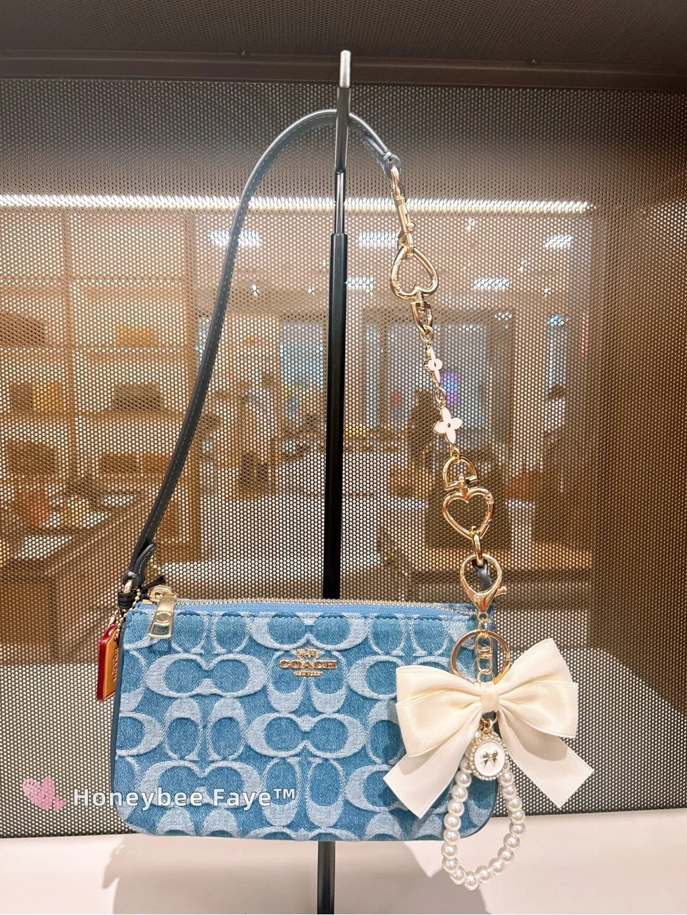 Coach Nolita 19 Light Blue Signature Denim Wristlet with free Pearl Bow Charm